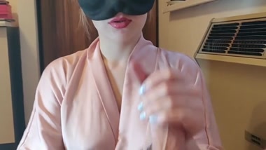 Wife in a mask gives a blowjob to the neighbor while her husband is away on a business trip