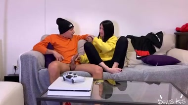 Caught the guy jerking off and helped him out with her pussy